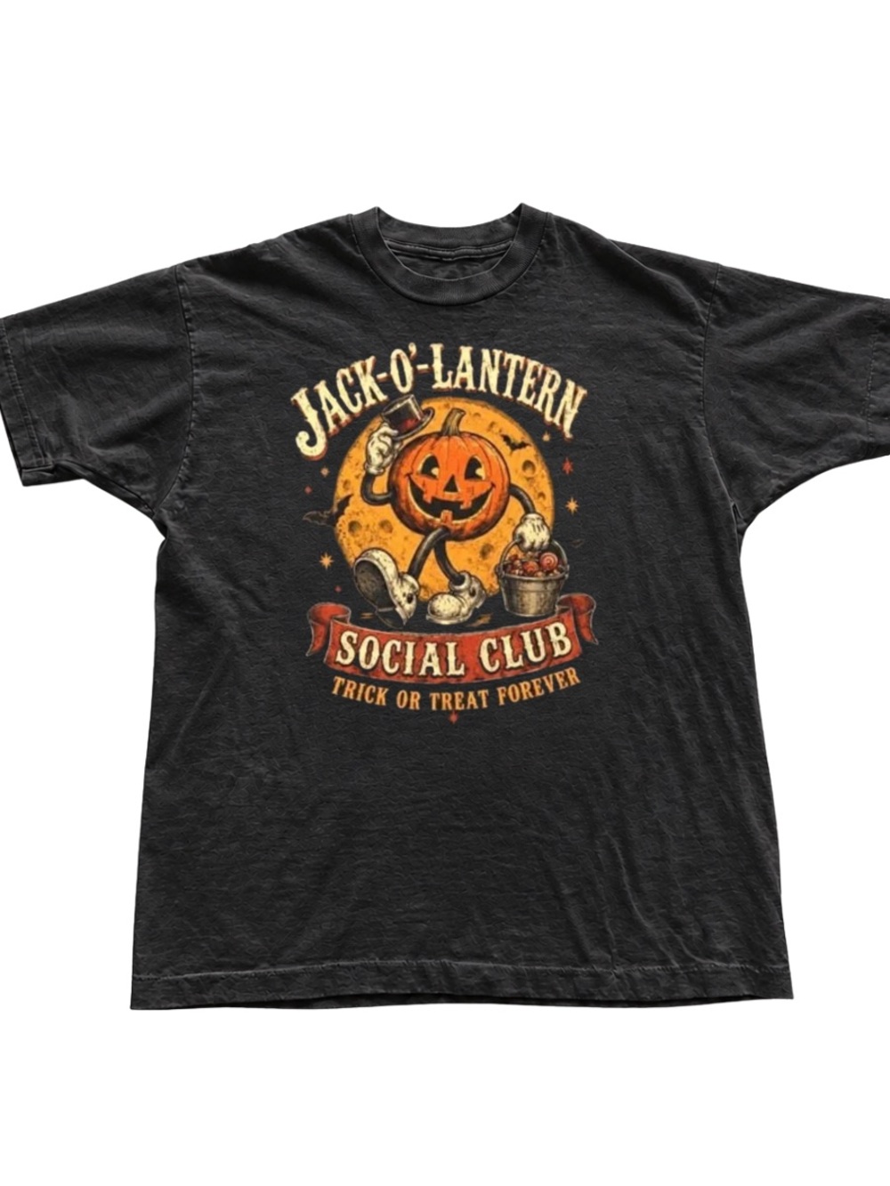 Black Jack-O'-Lantern Social Club Tee with Orange Pumpkin Art